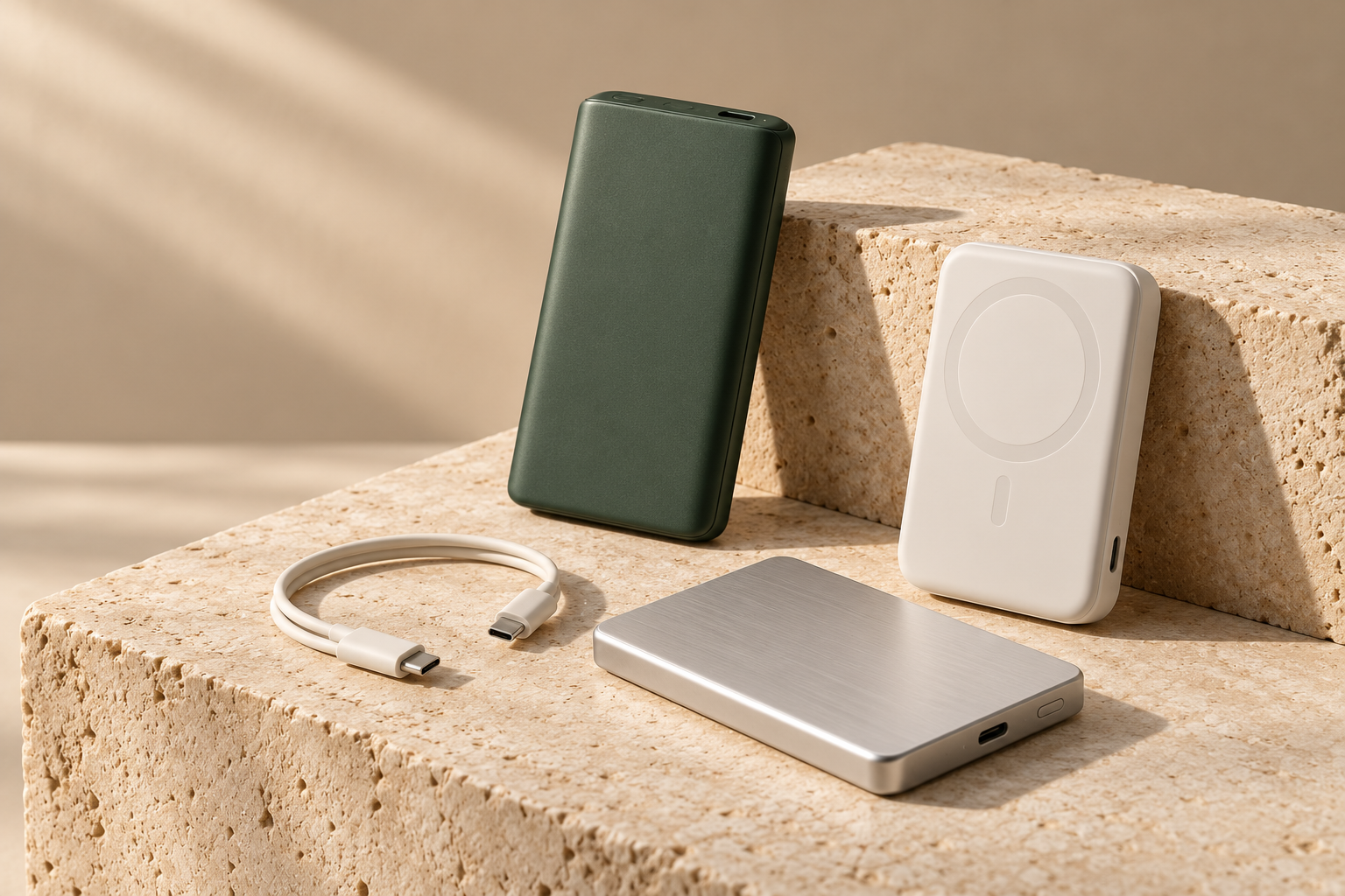 Concept illustration of forest green, white and silver power banks on warm stone
